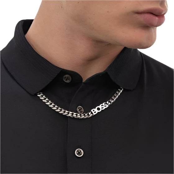 Mens Boss Logo Stainless Steel Curb Chain Necklace 1580769